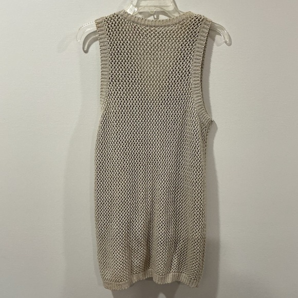 Vintage Linen Blend Open Knit Sleeveless Cardigan Sweater Vest Beige Tan Sz S - Picture 2 of 5